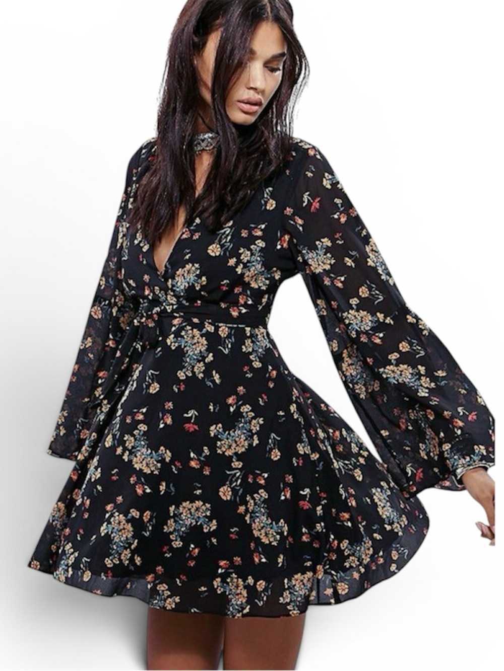 $128 FREE PEOPLE Size M LILOU PRINTED BELL SLEEVE DRESS Like New Boho Mystic